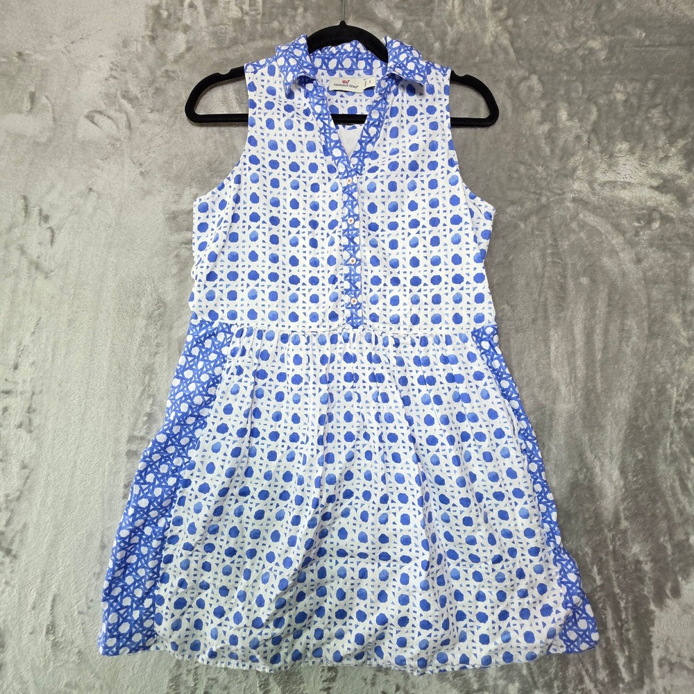Vineyard Vines Blue White Geometric Linen Sleeveless Shirtdress Size 2 Pocket